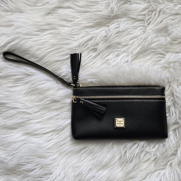 Dooney & Bourke Handbags - Dooney & Bourke Black Leather Double-Zip Wristlet with Tassels